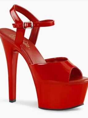 Pleaser Aspire-609 Red Platform Sandals | 6” Heel | Ankle Strap | Size 7